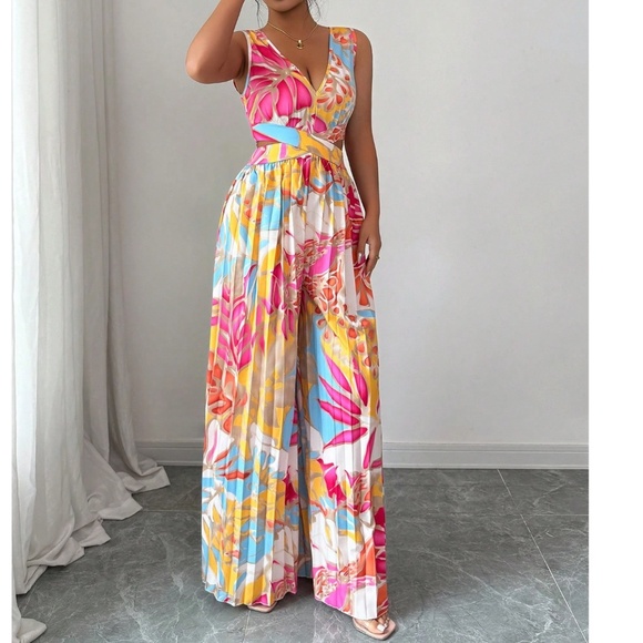 Boho Multicolor V neck Sleeveless Cut out Pleated Wide Leg Jumpsuit - Picture 4 of 5